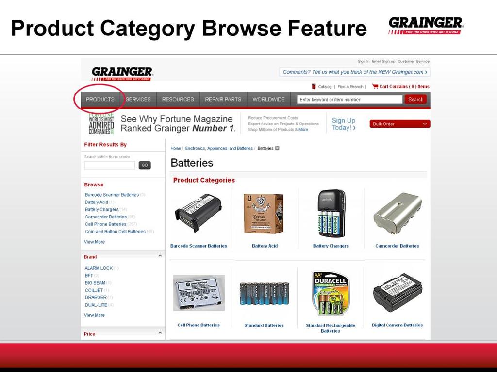 When you select the Products Tab on the Grainger.com navigation bar, you are able to browse the Grainger.com product hierarchy.