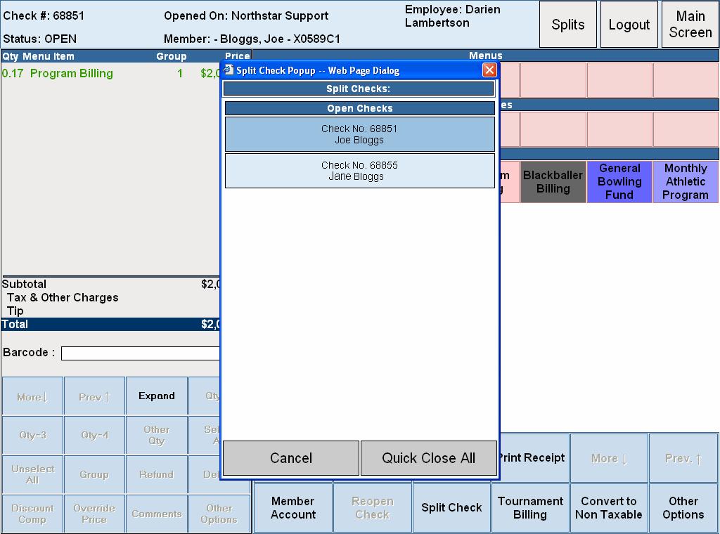 Once a check has been split, the resulting split checks can be accessed from the POS Menu screen through a Split Check s drop-down box in the upper right corner.