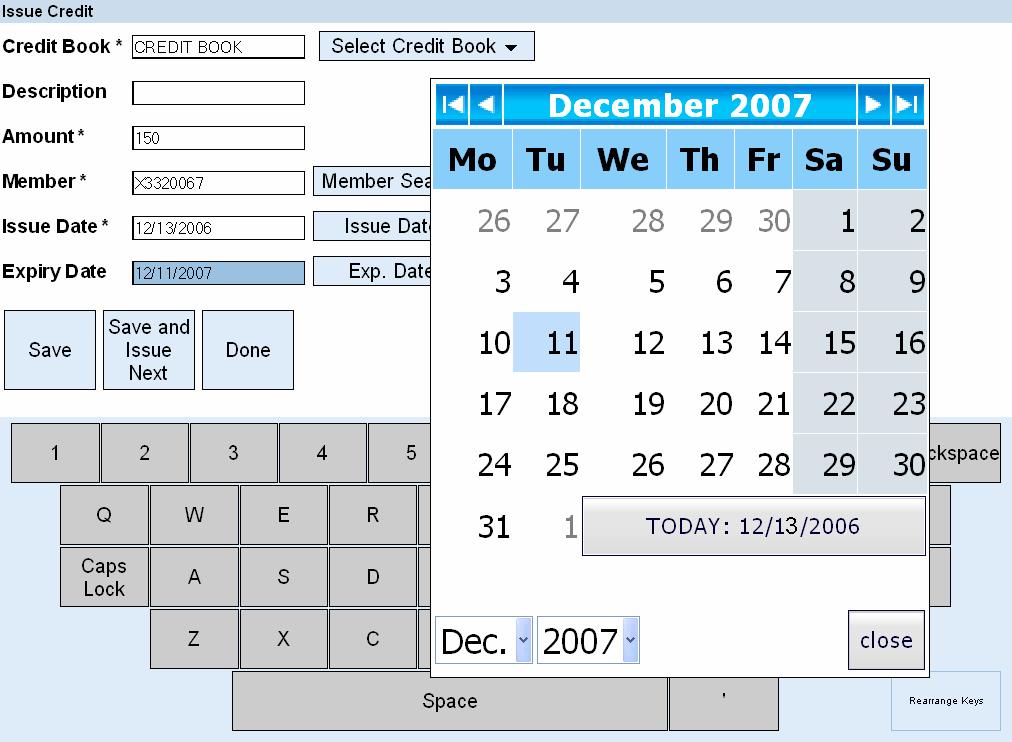 Type/Select the credit Expiry Date (date, credit amount will expire