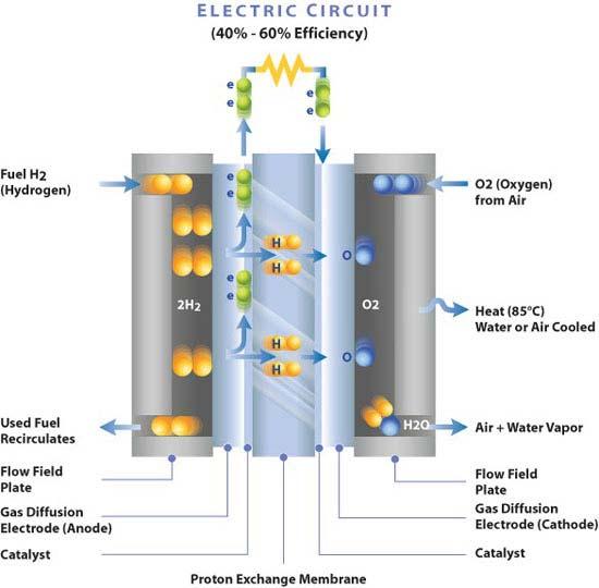 Figure 1 Schematic of a fuel cell Bi-polar flow field plates provide gas flow channels, coolant flow and electrical connects to the outside circuit to complete the unit cell.