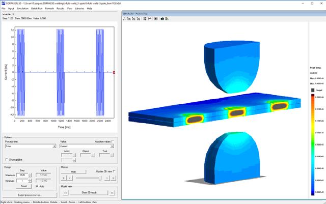 3D simulation of a sequence of multiple spot welding with 3 welds to study the shunt effect.