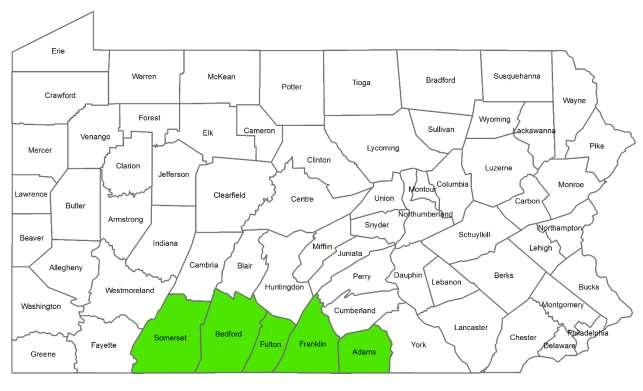 Figure 3. Counties included in remote sensing pilot study, (green highlight).