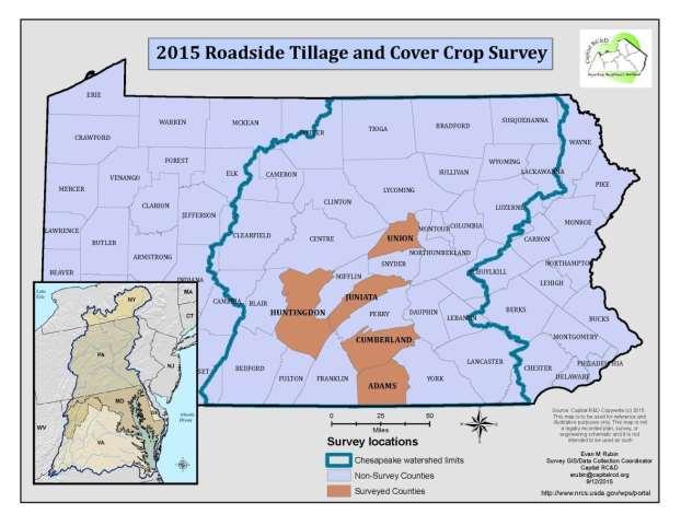 Figure 2. Counties included in pilot cover crop survey. Survey Routes See Conservation Tillage for details. Survey Frequency The 2015 pilot was the first effort to survey for cover crops.