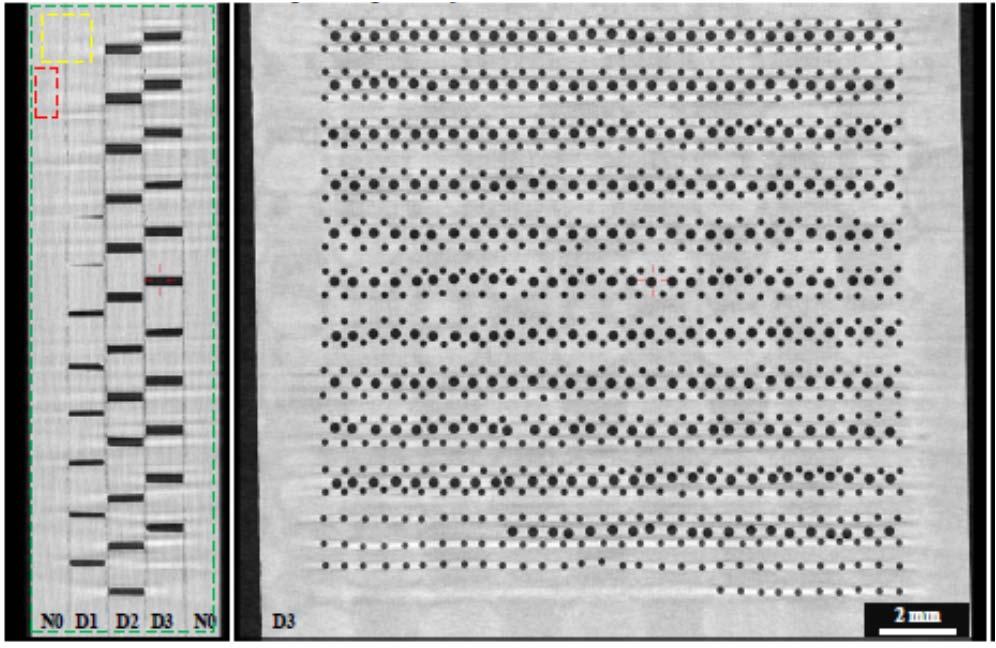 Figure 7. CT-slice images of combination S3 of different plates (N0 - D1 - D2 - D3 N0) to create a porosity reference sample with an expected porosity of 4.81 vol. % (Adapted from ref. [5]). Table 3.