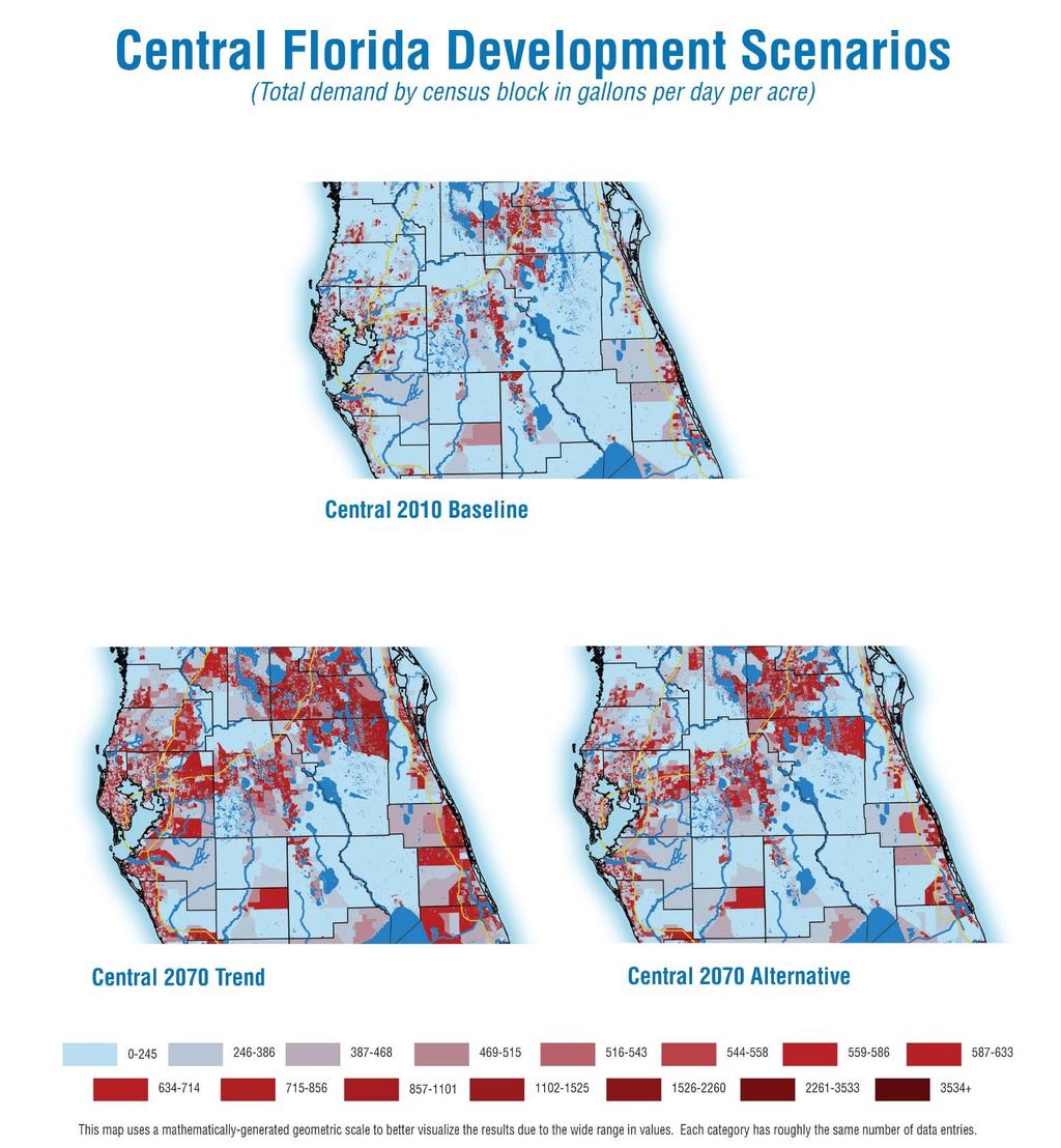 Central Florida Results In the Central Region, the Trend development-related demand is roughly double the Baseline development demand and even the Alternative development demand is projected to