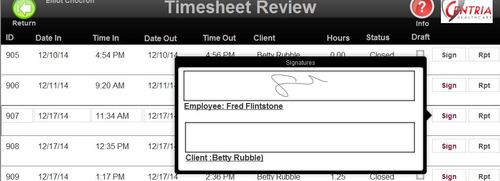 Figure 17 Sign Previous Timesheet Tap the Return icon when complete and return to the Dashboard. Can the Client Sign My Timesheet After My Shift? Yes!