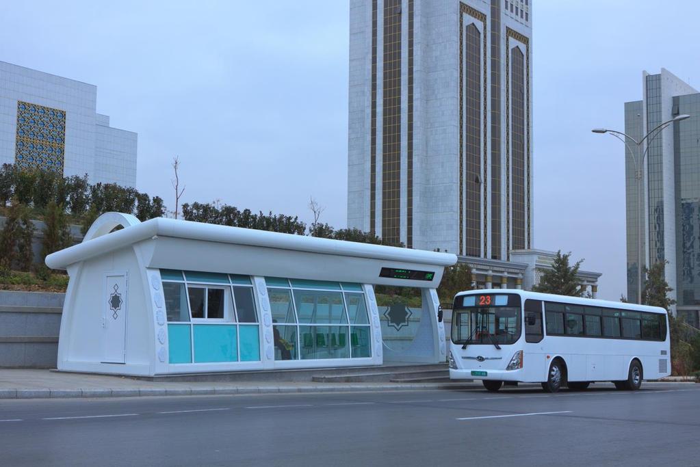 Bus stops are decorated capital В In Turkmenistan, the city bus transport carried out by buses of the Ministry of Road Transport, offer passengers a wide range of preferential rates for travel