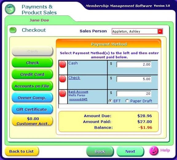 From the Checkout screen, select an employee from the Sales Person dropdown menu, select the appropriate payment method(s), enter the dues amount, and then click Next.