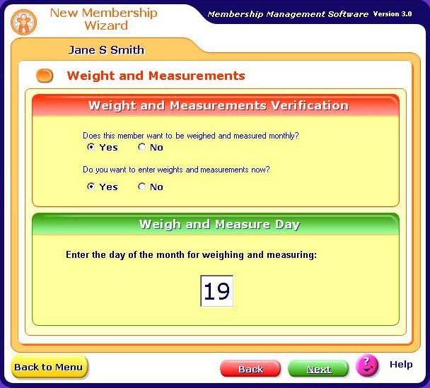 The Weight and Measurements screen allows you to decide whether the member should be weighed and measured monthly, and if you want to enter