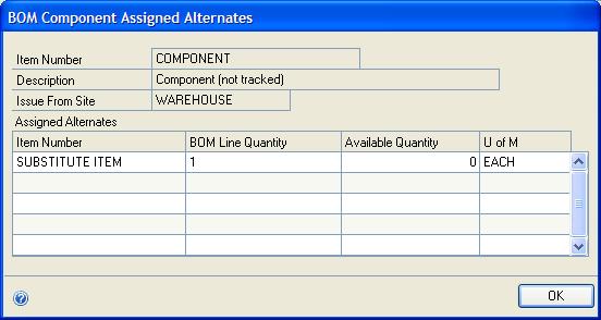 CHAPTER 11 BILL OF MATERIALS ENTRY Verifying alternate assignments Use the BOM Component Assigned Alternates window to see which secondary items have been assigned to be alternates for a primary item