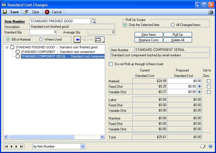 CHAPTER 14 STANDARD COSTING REVALUATIONS To verify rollup results: 1. Open the Standard Cost Maintenance window.