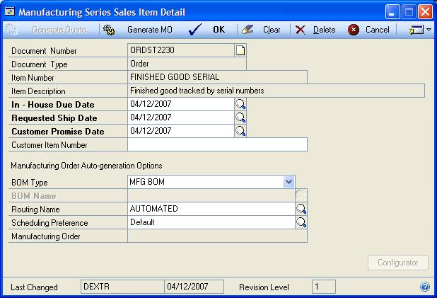 CHAPTER 20 SALES ORDER ENTRY 5. Move off the line. Depending on the options and the item fulfillment method, the Manufacturing Series Sales Item Detail window might open.