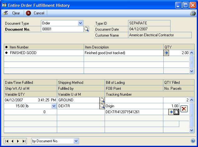 PART 4 SALES EXTENSIONS Modifying entire order fulfillment information The Entire Order Fulfillment History window helps you to check the entire fulfillment history of an order or an invoice.