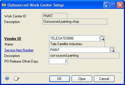 PART 1 MANUFACTURING CARDS 3. Be sure the Outsourced list is set to Yes. If you re defining a new work center, the Outsourced Work Center Setup window opens.