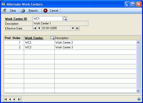 CHAPTER 2 WORK CENTERS To designate alternate work centers: 1. Open the Alternate Work Centers window. (Cards >> Manufacturing >> Work Centers >> Alternates) 2.