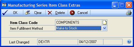 PART 2 ITEM EXTENSIONS Specifying a fulfillment method for an item class Use the Manufacturing Series Item Class Extras window to choose a default fulfillment method for item classes.