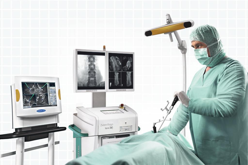 The reference clamp is attached to the patient s anatomy, and the reference kit is mounted on the C-arm The navigation system s tracking device detects the markers and identifies the precise position