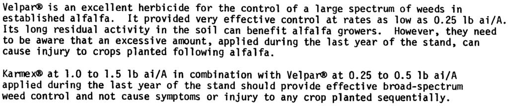 Velpa~ is an excellent herbicide for the control of a large spectrum of weeds in established alfalf It provided very effective control at rates as low as 0.25 lb ai/a.