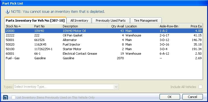 Adding a Parts Line to a Work Order Parts Pick List The Stock No field on the Parts dialog also offers a Pick List button.