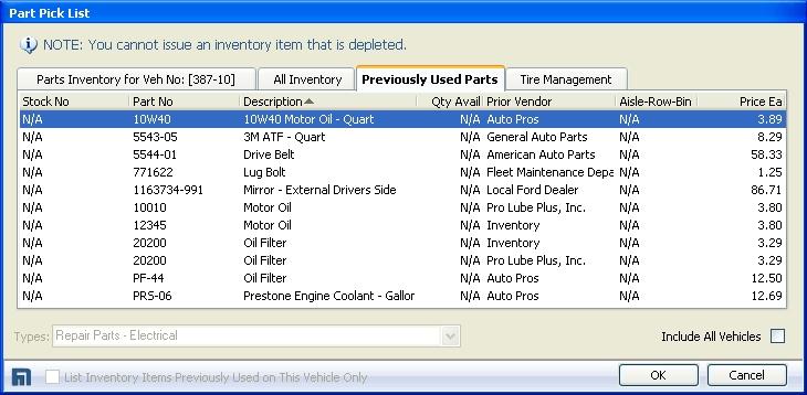 Adding a Parts Line to a Work Order Parts Pick List The Previously Used Parts tab will enable you to select a part that was previously replaced on the current vehicle.