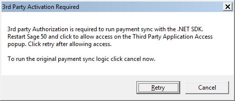 Faster Payment Sync By default, the integration will attempt to use the Sage 50.NET SDK for payment syncing starting with version 3.0.7.4. This requires allowing 3 rd party activation in Sage 50.