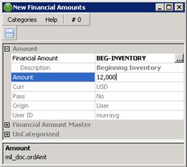 4.0 Add Beginning Inventory Value to access the Financial Amounts window: 4.1 Select to add new Financial Amounts.