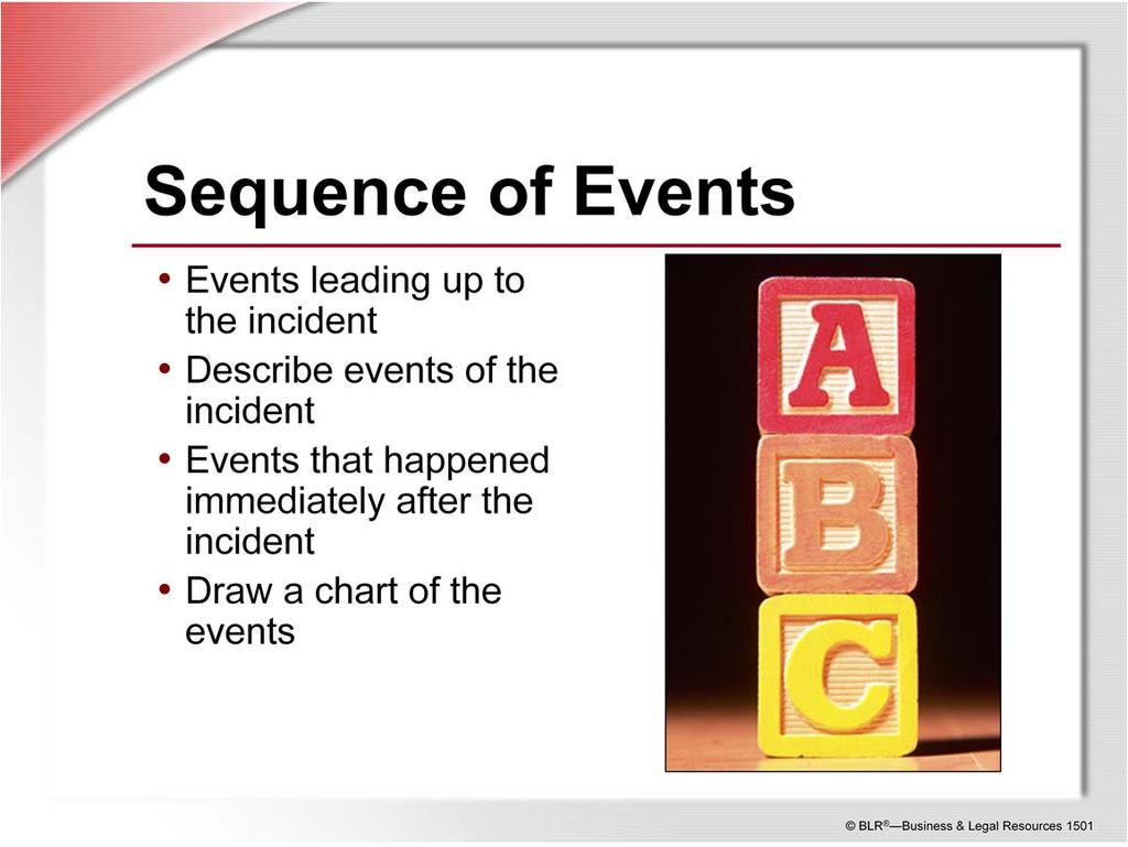 Based on the details learned, witness and injured employee statements, you should now be able to determine the sequence of activities involved in the incident.