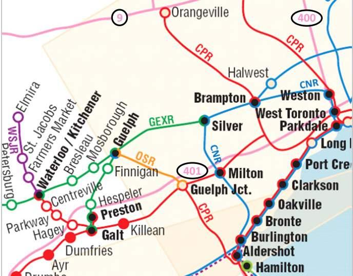 Mississauga. The Ontario Southland Railway (OSR) operates between Guelph and Campbellville, functioning with and connecting to CPR.