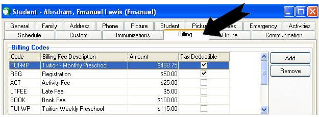 Billing codes appear in the student record under the Billing tab.