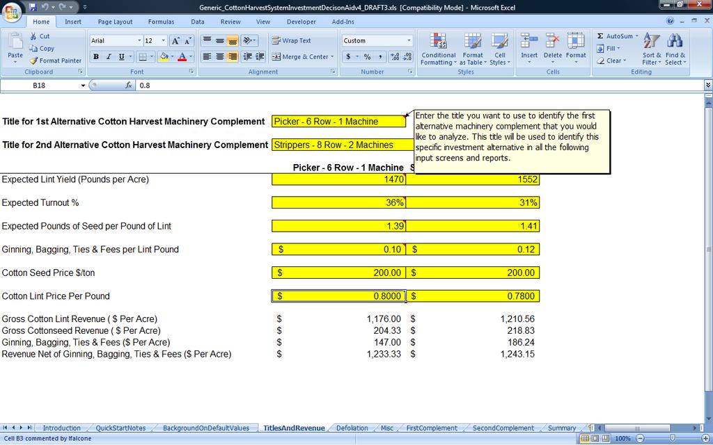 Figure 1. Cotton Harvest Equipment Investment Analysis Decision Aid Titles and Revenue Data Input Screen.