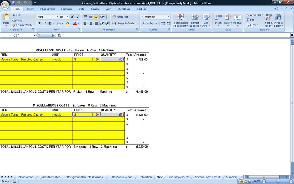 Figure 3. Miscellaneous Cost Data Entry Screen.