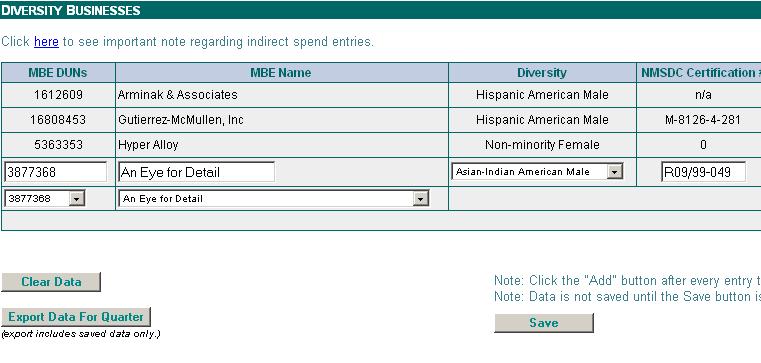 How to enter Diversity Spend Data Click on the drop down arrow to select your suppliers existing MBE (Minority Business Enterprise) Duns, if not found, enter the new MBE Duns.