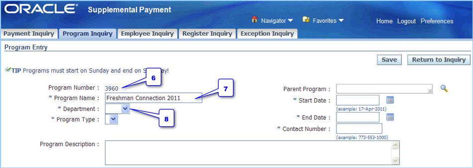 6. The Program Entry page appears.