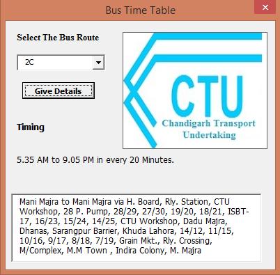 The bus time table window consists of a combo-box with list of all the bus routes of the city.