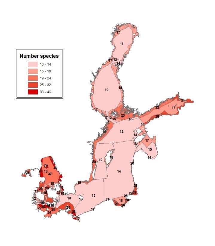 Figure 2. Total number of non-indigenous species in coastal and offshore areas in the Baltic Sea in 2012.
