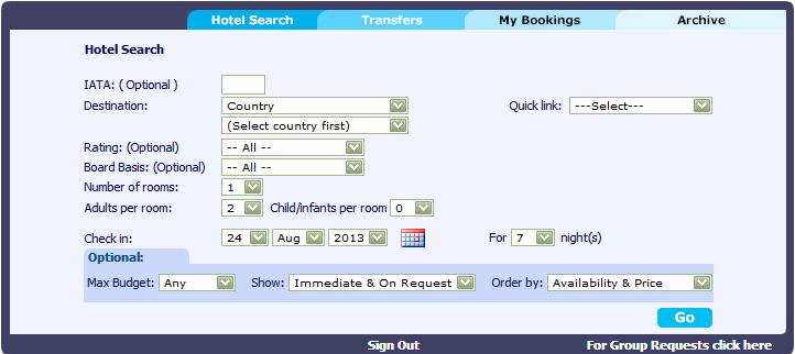 Group Bookings For group requests click on the For Group Requests click here link on the hotel search page.