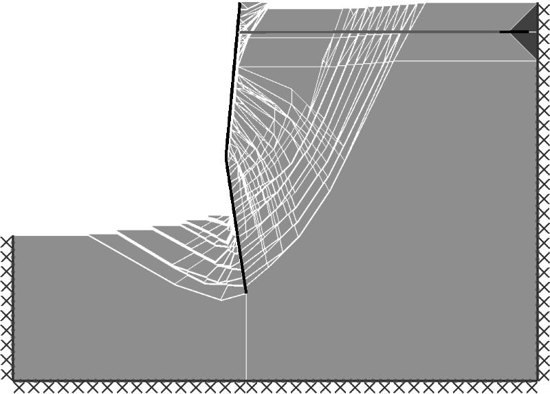 Figure 8: FELA vector plot for a rough anchored wall, Krabbenhoft et al. (2005) Table 4: Anchored wall parameters Plastic moment resistance, M p 115 knm/m Tip level, d w -2.
