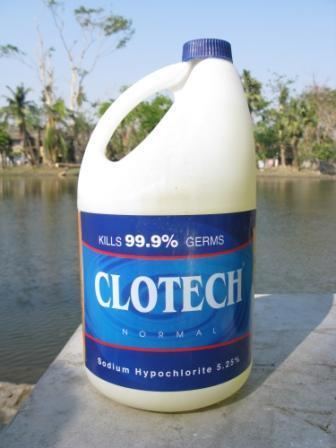 Residual chlorine should be between 0,2-0,5 mg/l. The locally available chlorine: Liquid Sodium Hypochlorite 5,25%.
