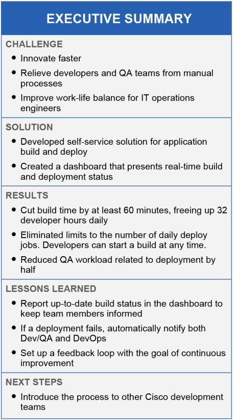 Cisco IT Case Study Self-Service Build and Deploy How Cisco IT Developed a Self-Service Model for Build and Deploy Automating application delivery speeds up the pace of innovation and saves 32