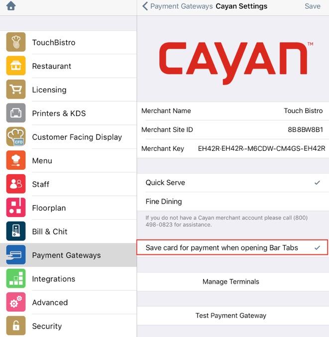Cayan Zero Auth Support Using If you use Cayan swipers and use the TouchBistro feature that lets you start a bar tab by swiping a card, you can now set Cayan to pre-validate the swiped card.