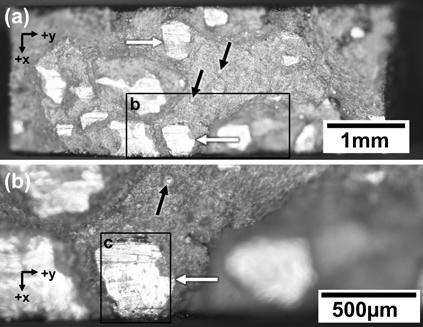 Figure 6. (a) and (b) optical microscope images (c) SEM image of part 5 tensile specimen fracture surface with 2.
