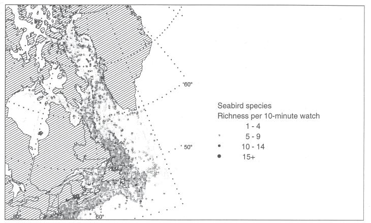 Figure 1 Map showing locations of observed seabirds in PIROP, 1967-1992, and the seabird species richness for the study area.