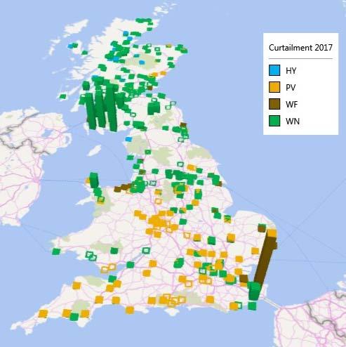 Interesting zones for an electrolyser Figure 99: Annual curtailment per renewable technology in Great Britain (maximum bar height: 117 GWh) Figure 100 shows the