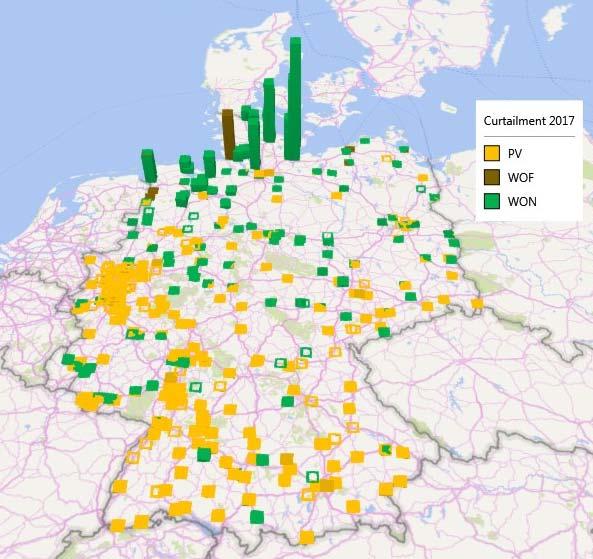 Figure 10 shows the geographical distribution of curtailment in Germany, indicating that curtailment is and will remain concentrated to areas in Northern Germany, affecting mainly onshore wind (WON)