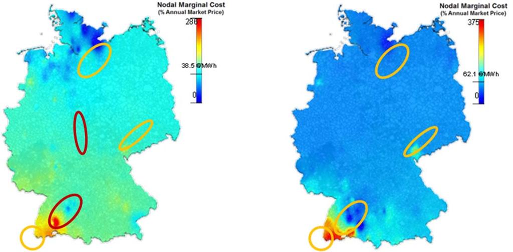 Figure 13: Nodal marginal costs and grid constraints thermal map of Germany (20
