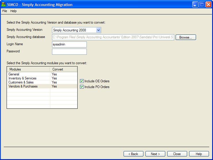Complete the fields on this screen as follows: Simply Accounting Version: Select the version of Simply Accounting