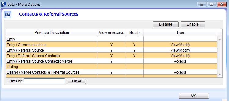 Data/ Privilege Description: There are two primary areas of access, Entry and Listing. Entry items are specific to data input and management.