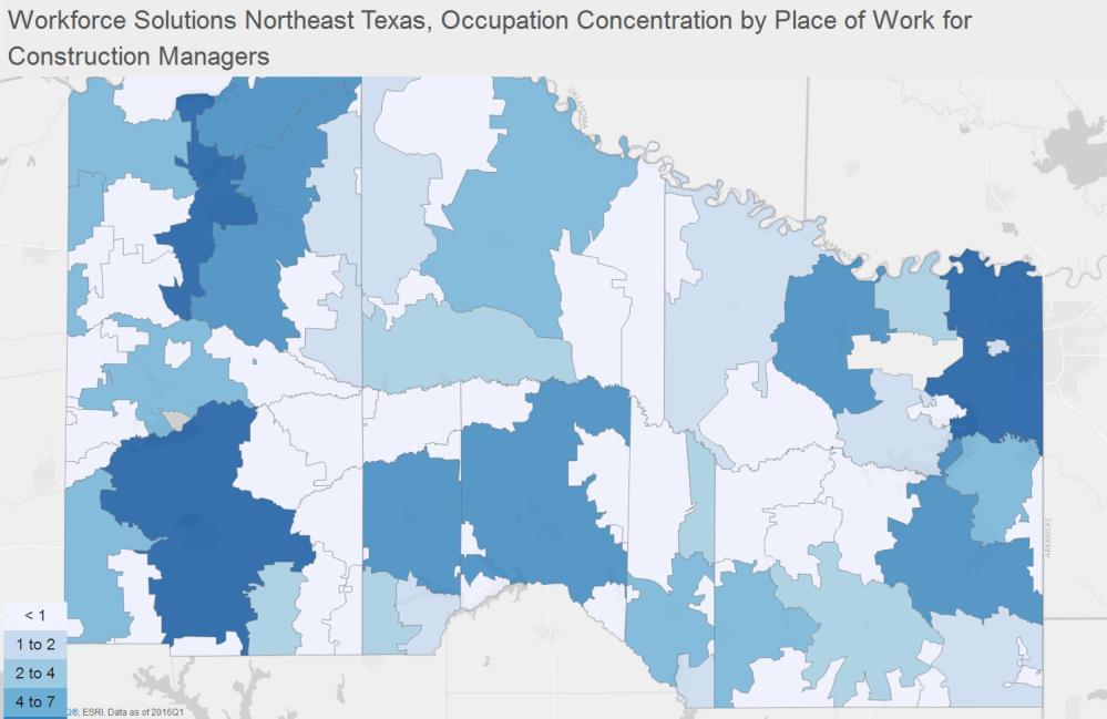Geographic Distribution The below maps illustrate the ZCTA-level distribution of employed Construction Managers in the Workforce Solutions Northeast Texas.