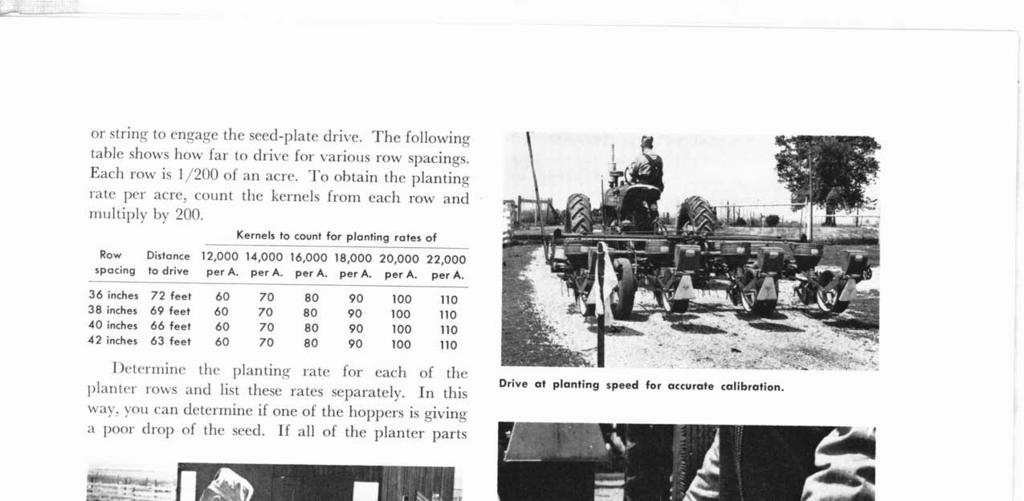 or string to engage the seed-plate drive. The following table shows how far to drive for various row spacings. Each row is 1/ 200 of an acre.