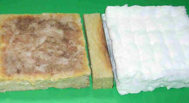 Fig. 4: Photo of different insulation materials based on mineral wool after treatment in a small test solar collector at stagnation temperatures for 24 hours (left and middle: top view and cross